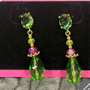 Peridot Green and Pink Crystal Drop Earrings-NWT